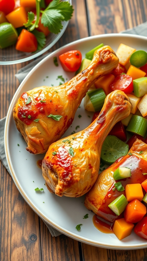 Simple 5-Ingredient Baked Chicken Drumsticks Baked chicken drumsticks on a plate, garnished with herbs, served with a salad on a rustic table.